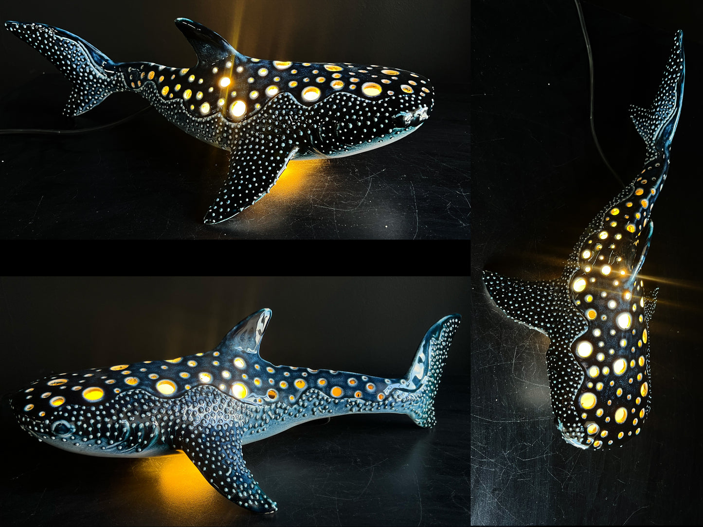 Two views of a decorative whale shark figure with glowing interior on a dark background