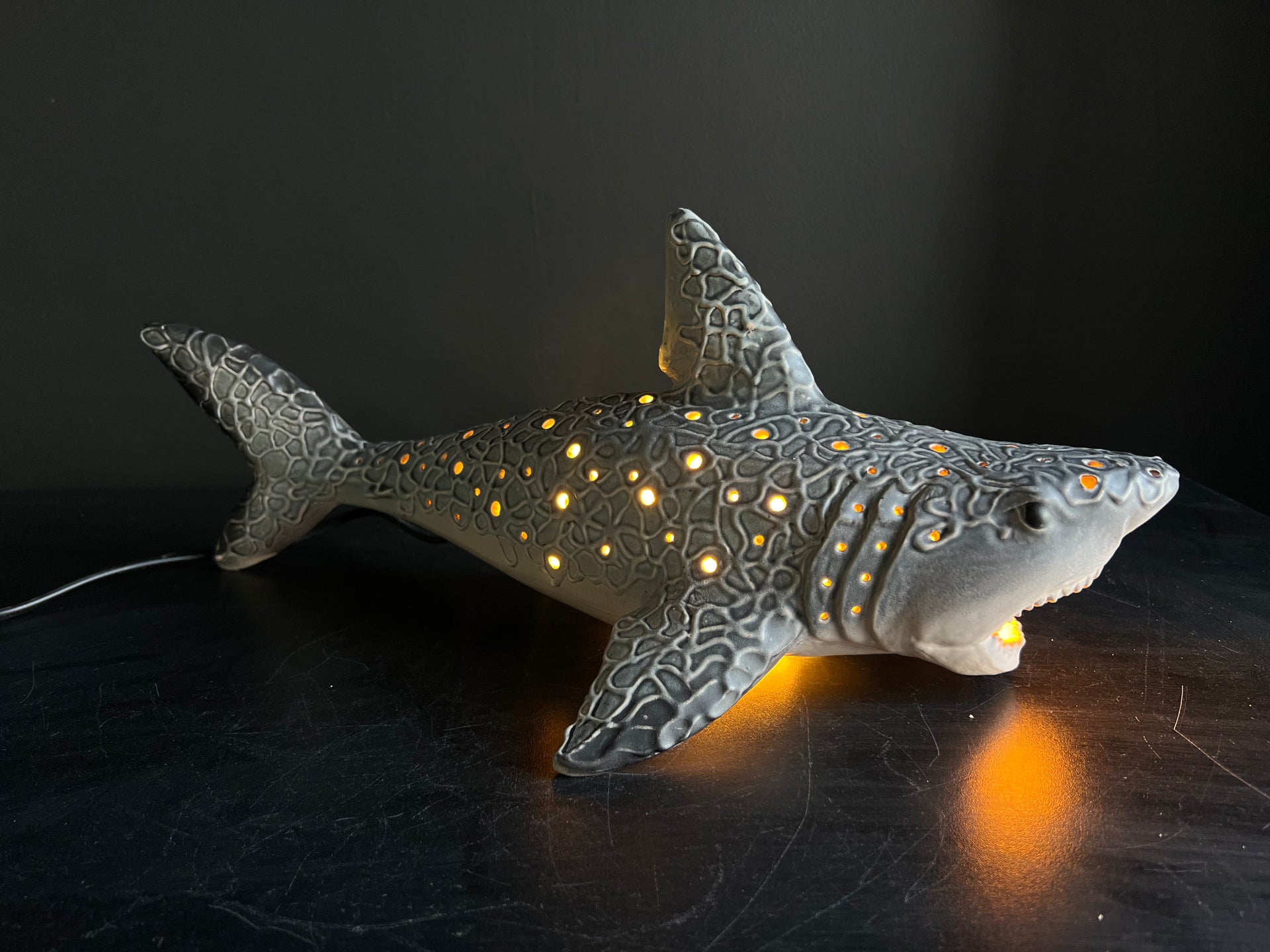 Decorative shark-shaped lamp with glowing interior on a dark surface