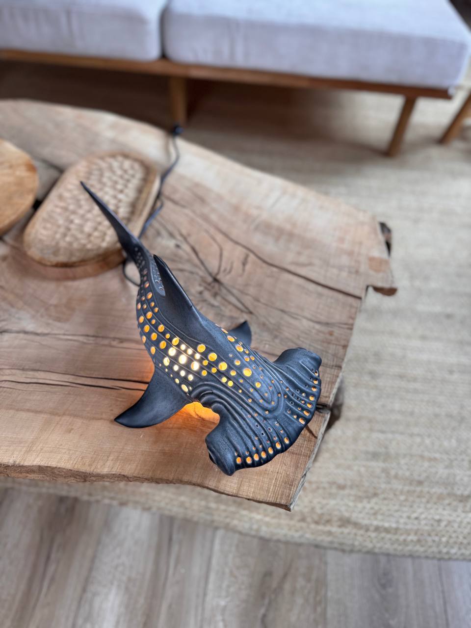 Handmade ceramic shark lamps collection featuring white shark, whale shark, and hammerhead shark lamps by KUST Ceramics