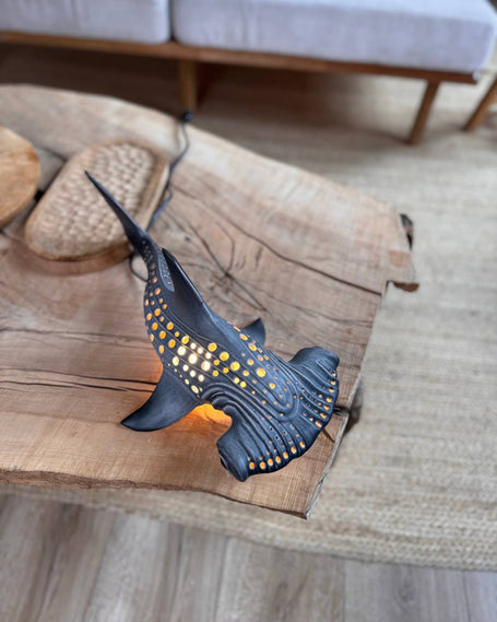 Handmade ceramic shark lamps collection featuring white shark, whale shark, and hammerhead shark lamps by KUST Ceramics
