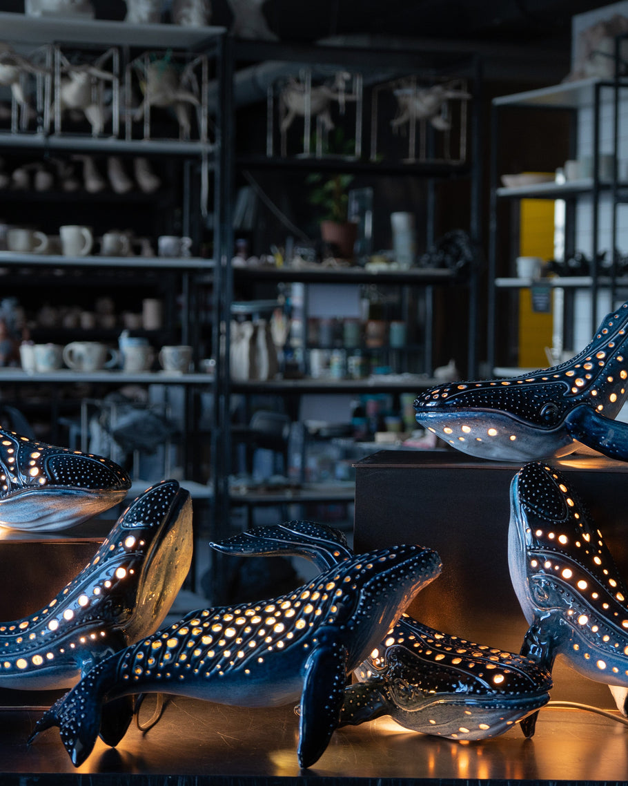 Handmade ceramic whale lamps collection by KUST Ceramics