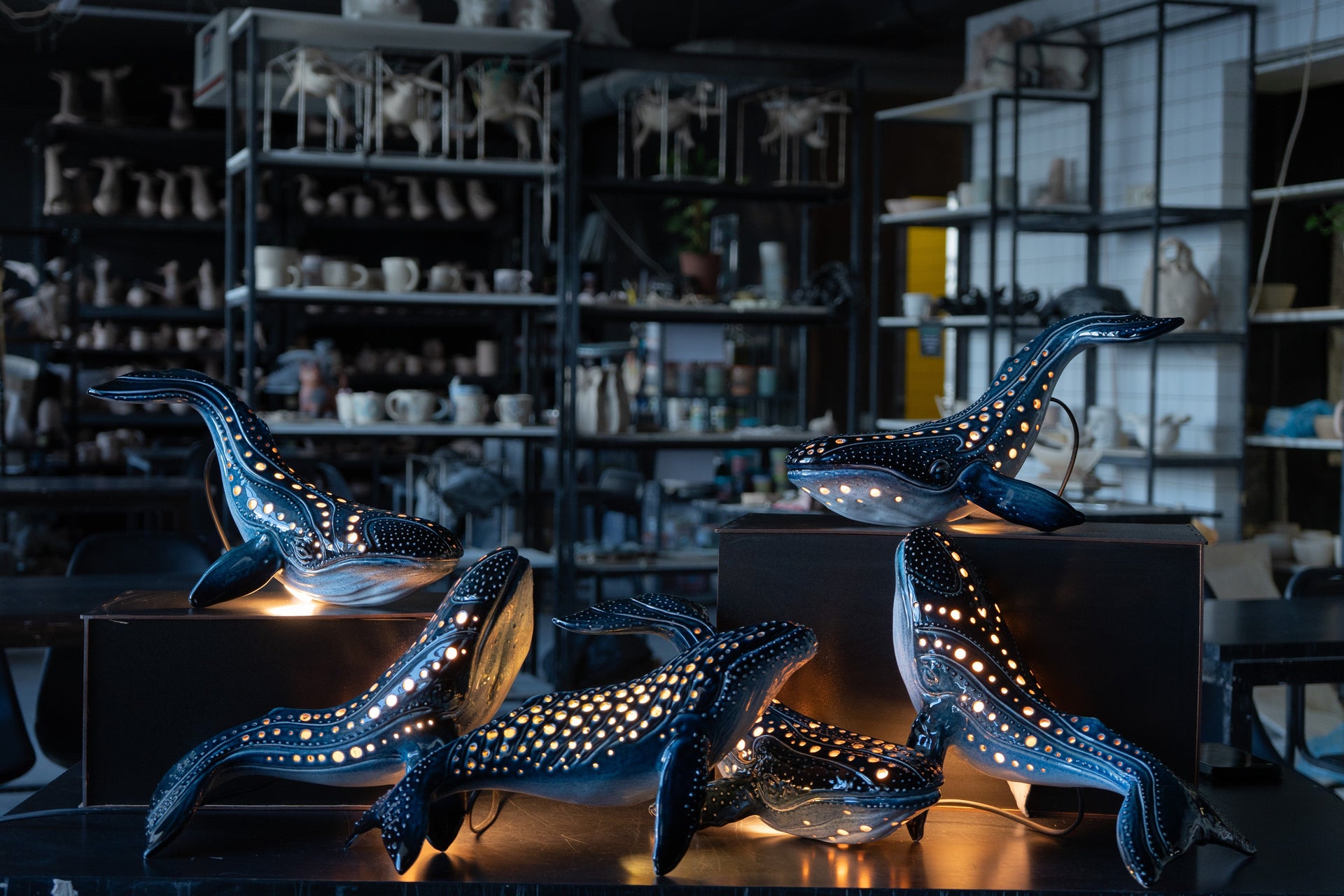 Handmade ceramic whale lamps collection by KUST Ceramics