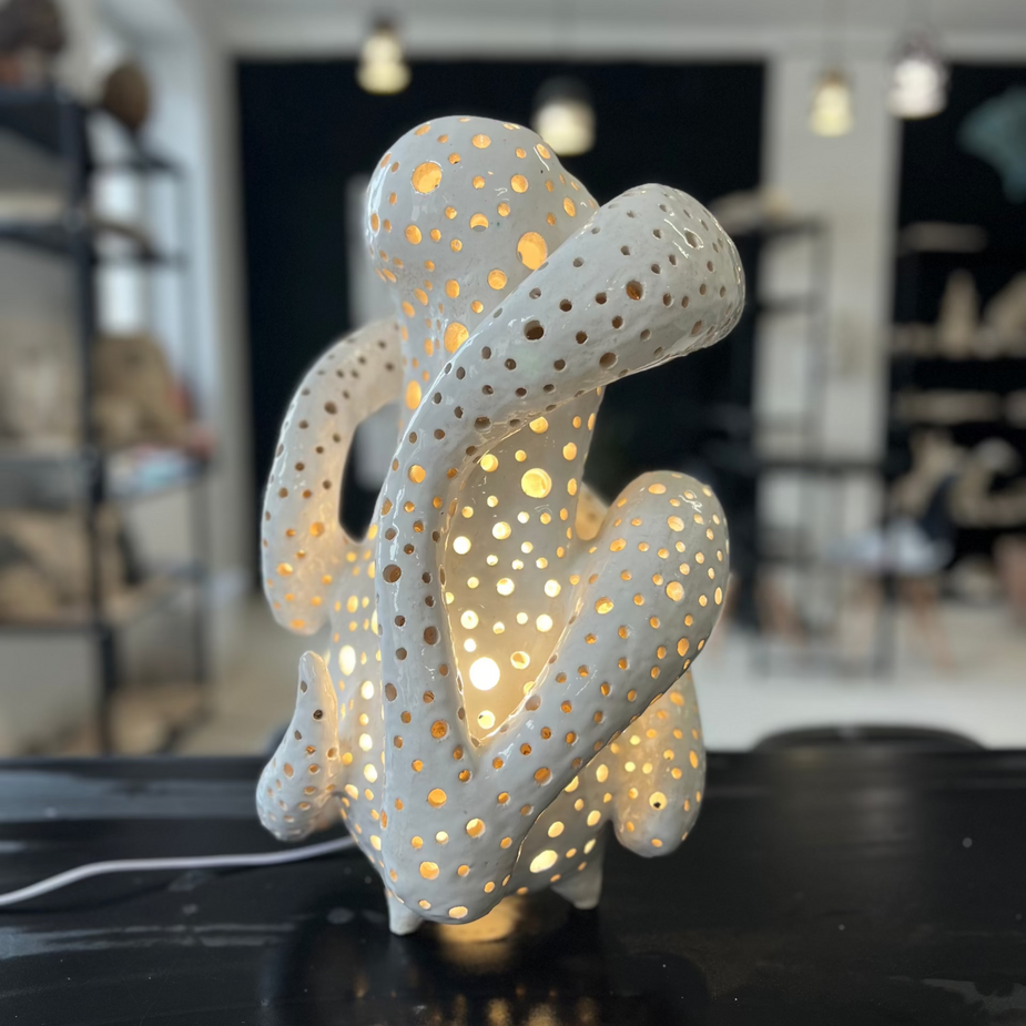 Decorative lamp with a unique design on a black surface