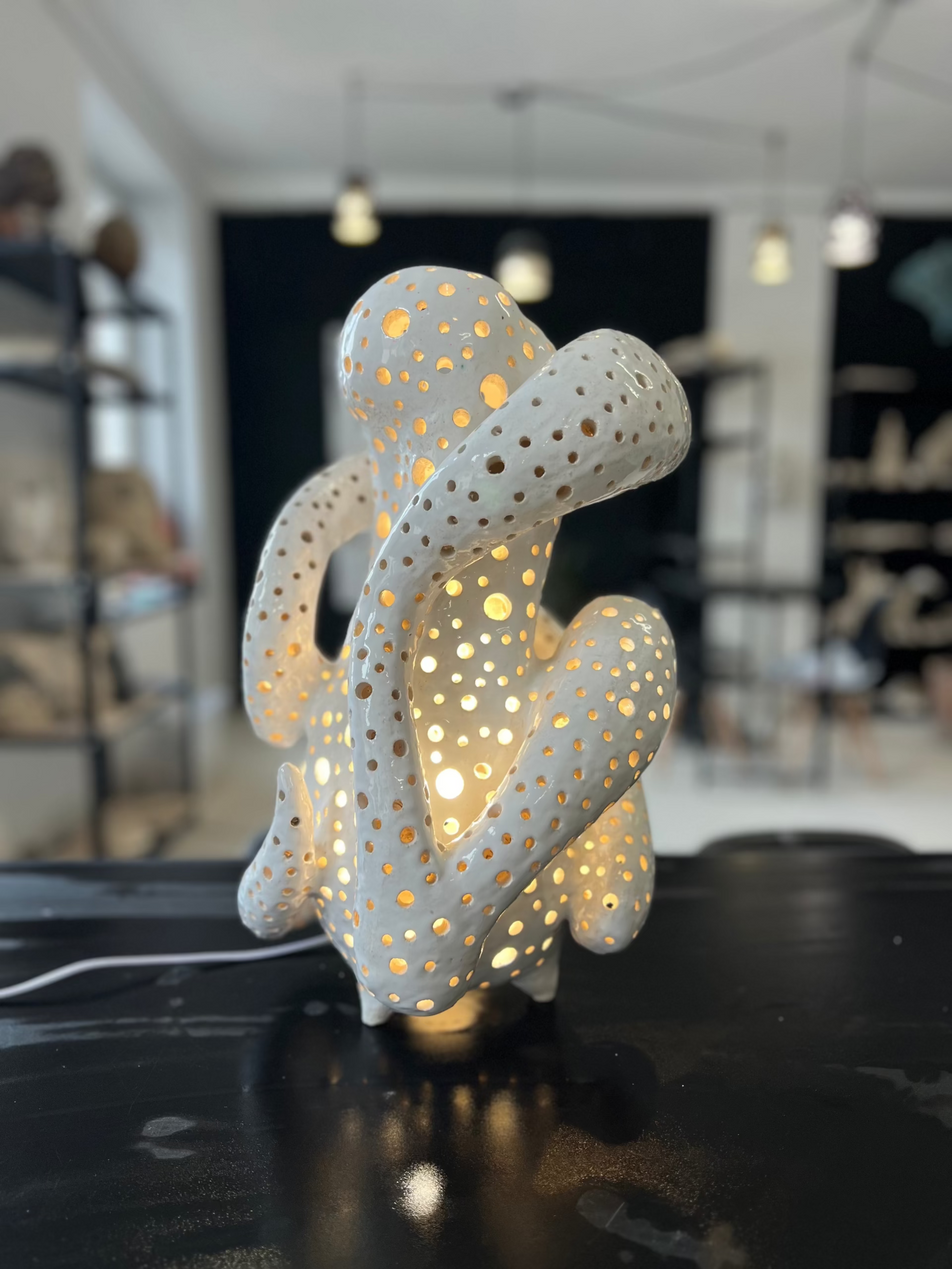 Decorative lamp with a unique design on a black surface