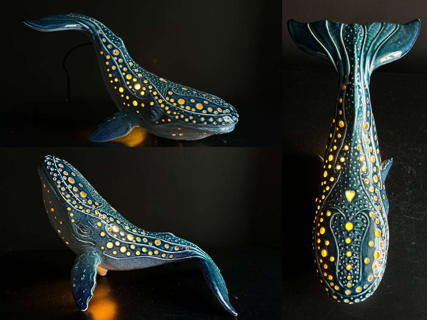 Decorative whale-shaped lamp with a pattern of light dots on a dark background