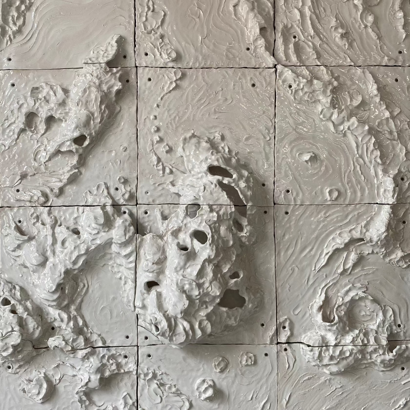 Textured wall panels with a natural landscape design on a black background