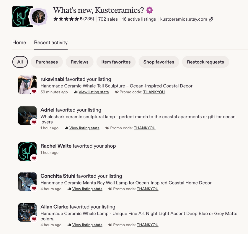 A screenshot of the Kustceramics Etsy shop page showing the shop name, rating, active listings count, and a list of customers who favorited the listing, including names like rukuvinabl, Adriel, Rachel Waite, Conchita Stuhl, and Allan Clarke.