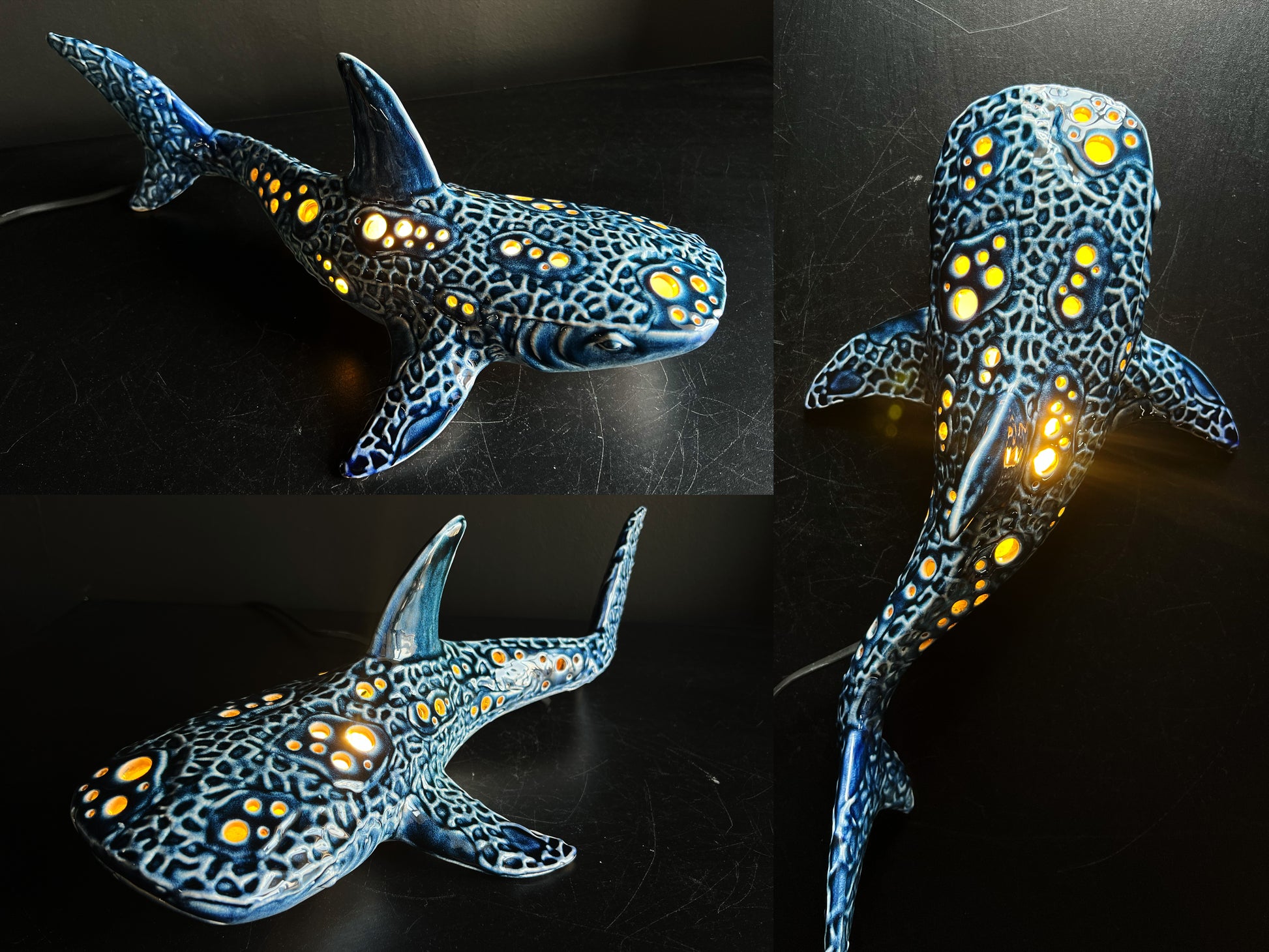 Collage of a shark-shaped lamp with glowing yellow spots on a dark background