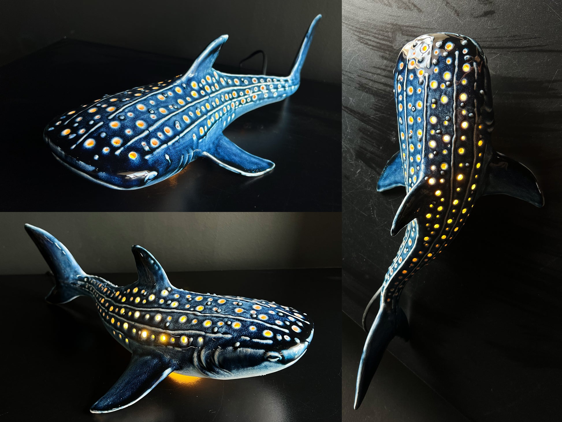Collage of a whale shark model with glowing spots on a dark background