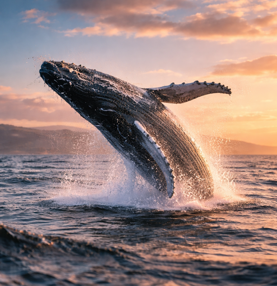 Humpback whale breaching out of water at sunset with mountains in the background