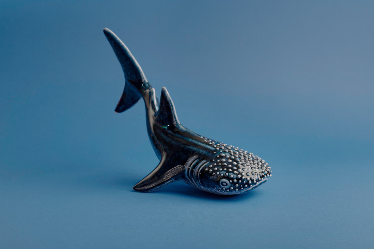 Handmade Whale shark ceramic figurine ocovered with blue glossy glaze
