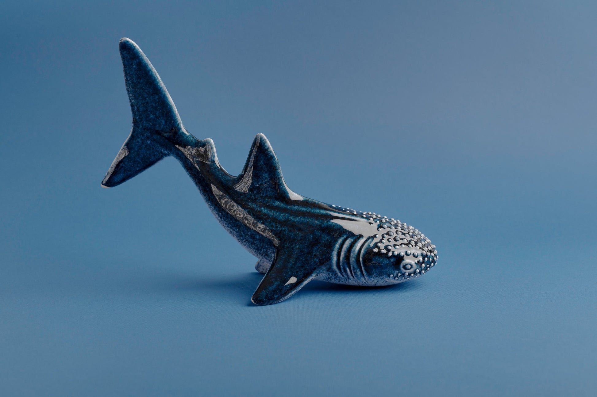 Handmade Whale shark ceramic figurine ocovered with deep blue glossy glaze