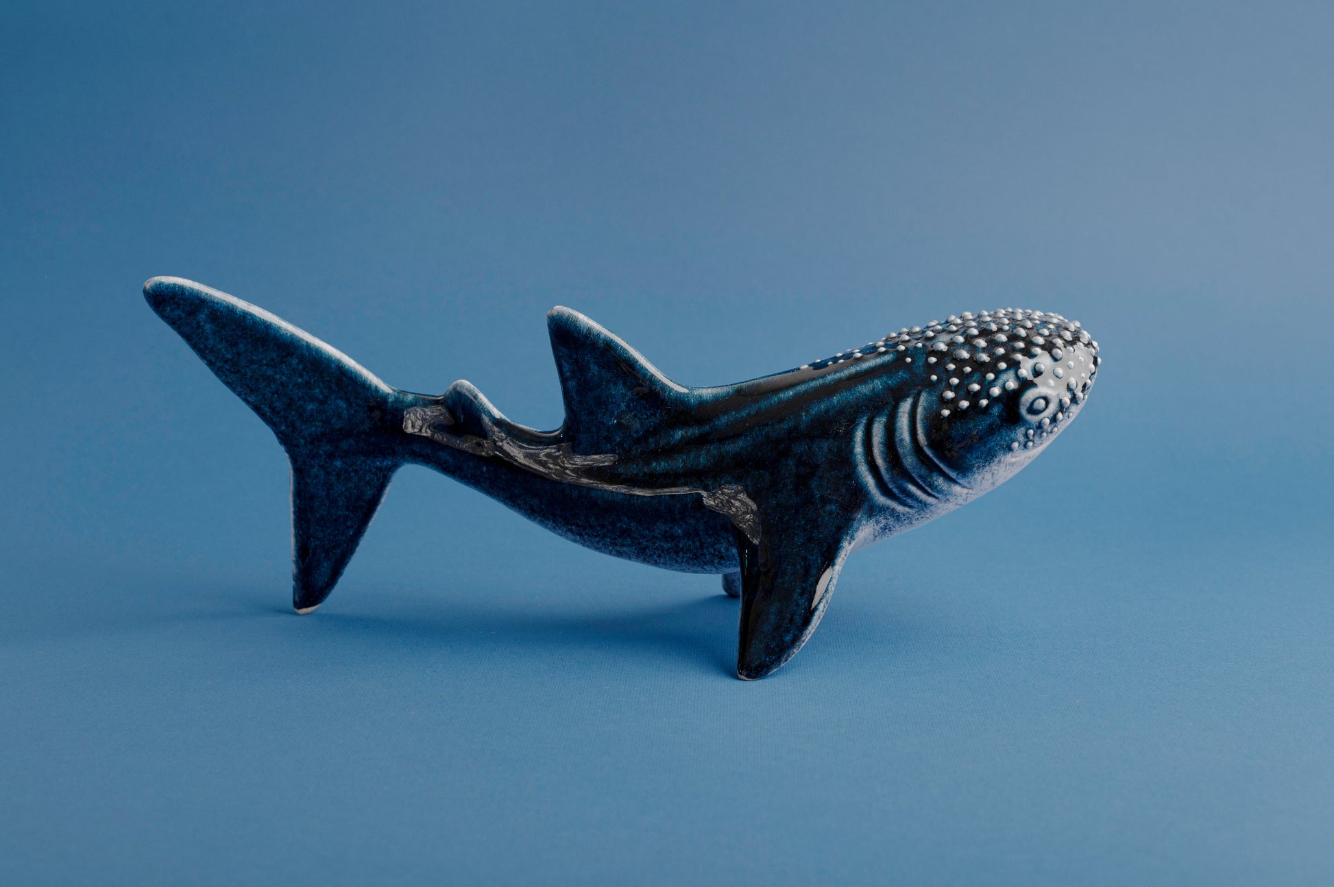 Handmade Whale shark ceramic figurine ocovered with deep blue glossy glaze