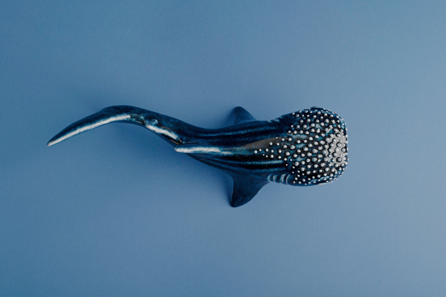 Handmade Whale shark ceramic figurine ocovered with deep blue glossy glaze and White sparkles