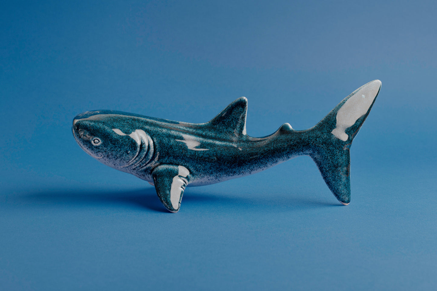 Handmade Whale shark ceramic figurine covered with blue glossy glaze